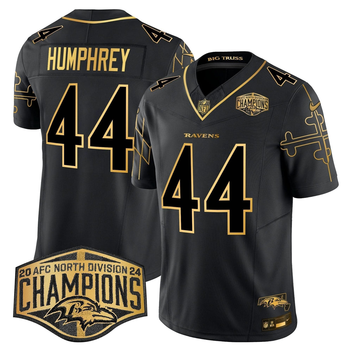 BAL Maryland Flag Map 2024 AFC North Division Champions Patch Gold Vapor Limited Jersey
