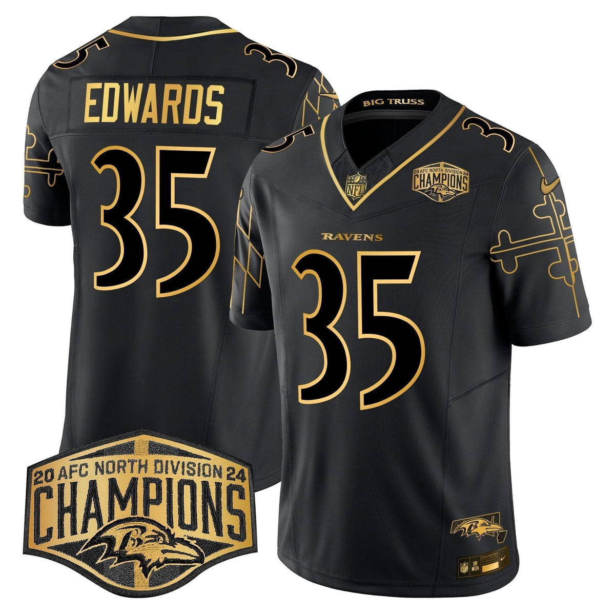 BAL Maryland Flag Map 2024 AFC North Division Champions Patch Gold Vapor Limited Jersey