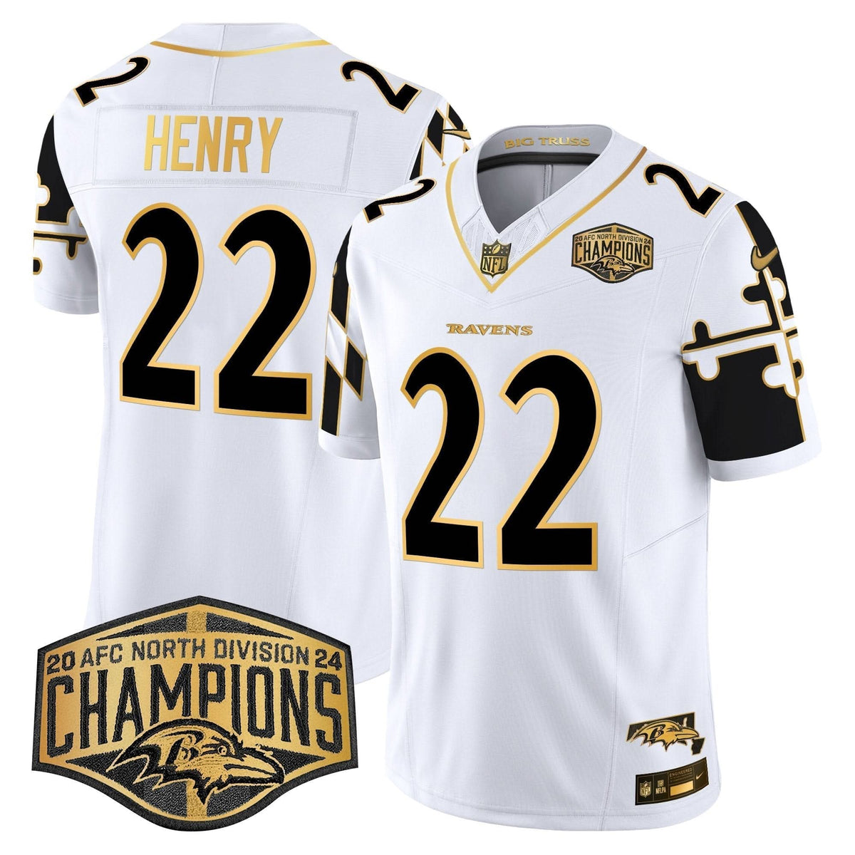 BAL Maryland Flag Map 2024 AFC North Division Champions Patch Gold Vapor Limited Jersey